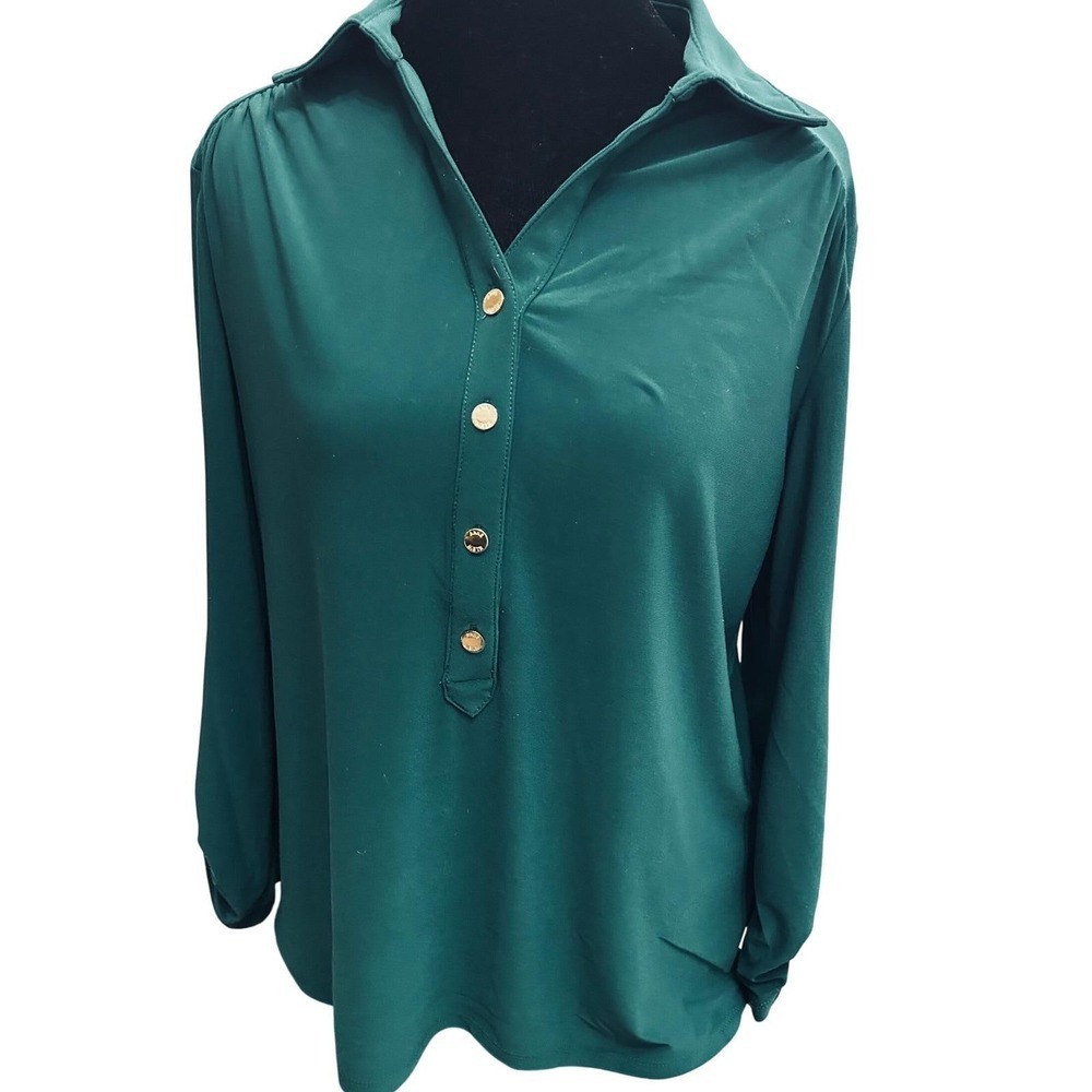 Anne Klein Womens Small Hunter Green Henley Blouse Gold Logo Buttons Long Sleeve - Picture 4 of 9